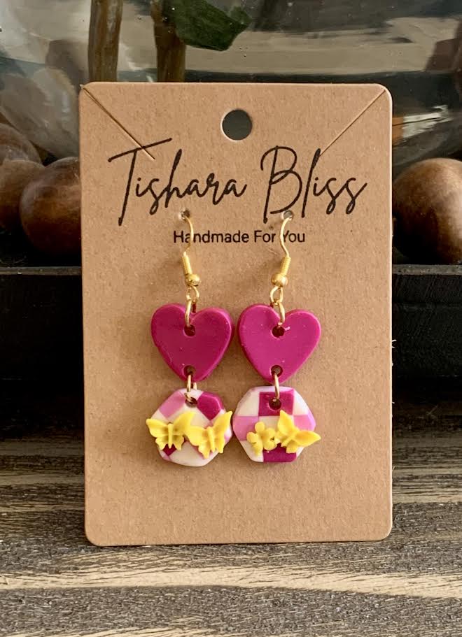 Pink Checkerboard Hexagons With Yellow Butterflies