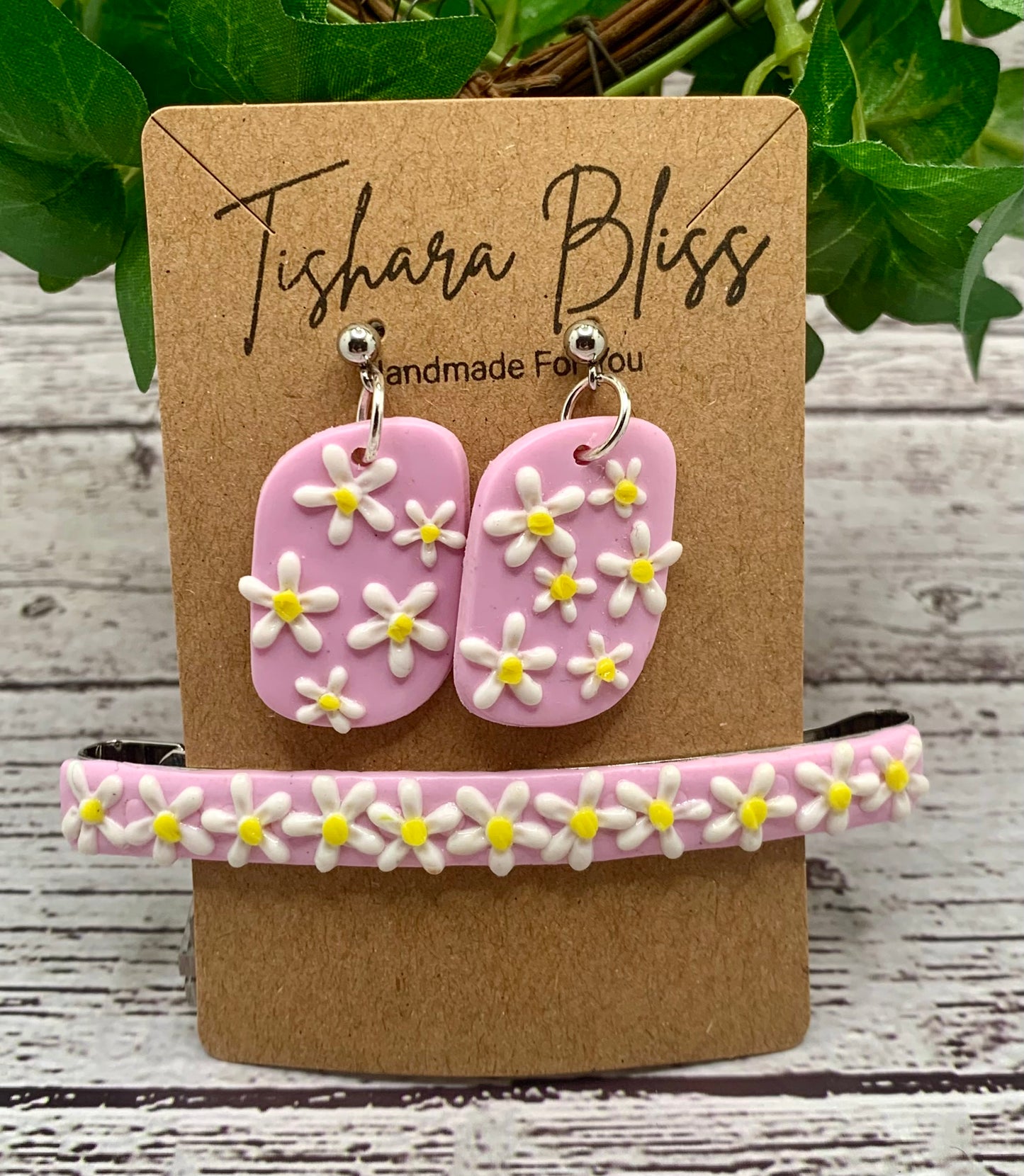 Pink With White Flowers & Matching Barrette